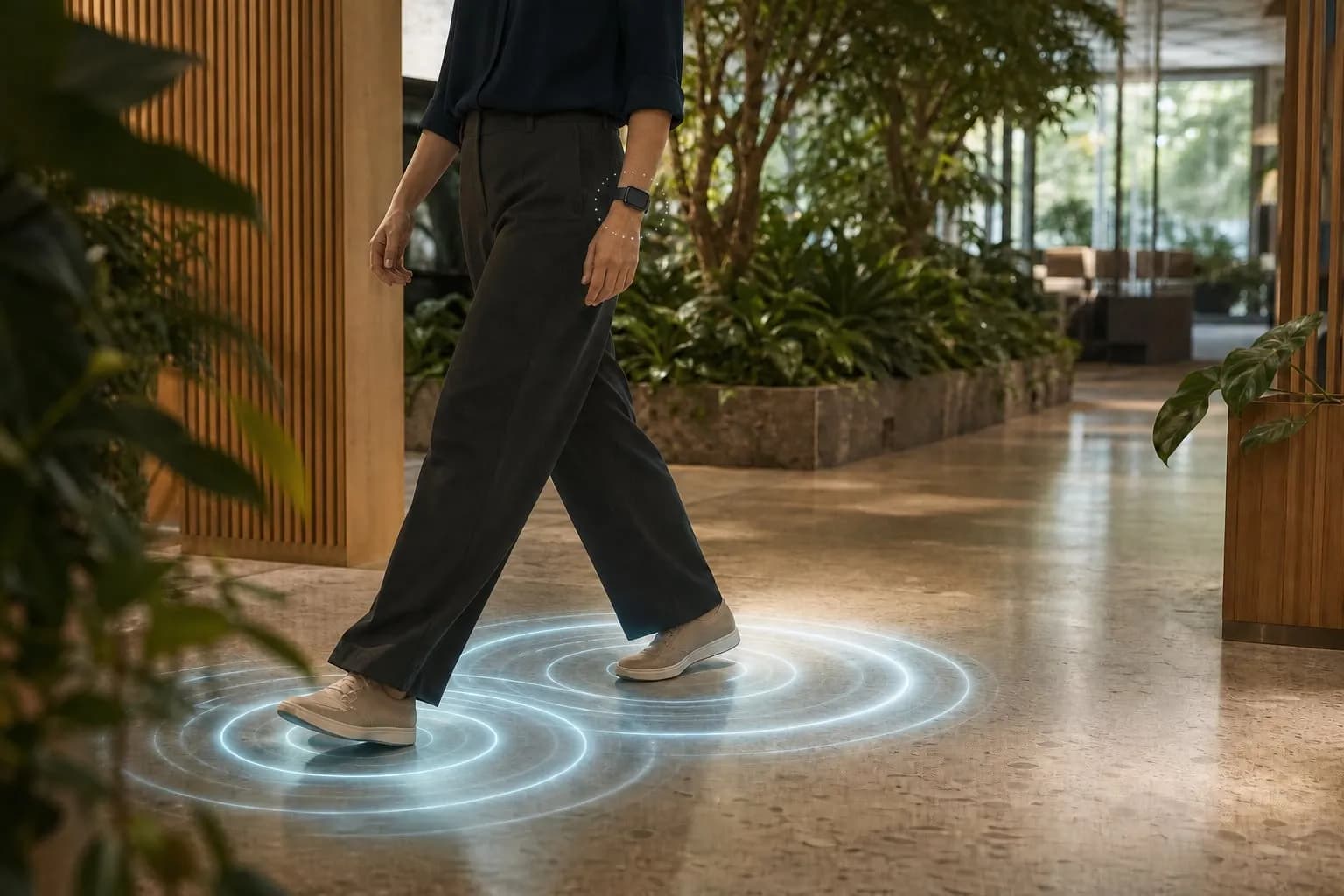 A woman walks through a plant-filled office atrium, concentric rings of light spreading on the floor beneath each step