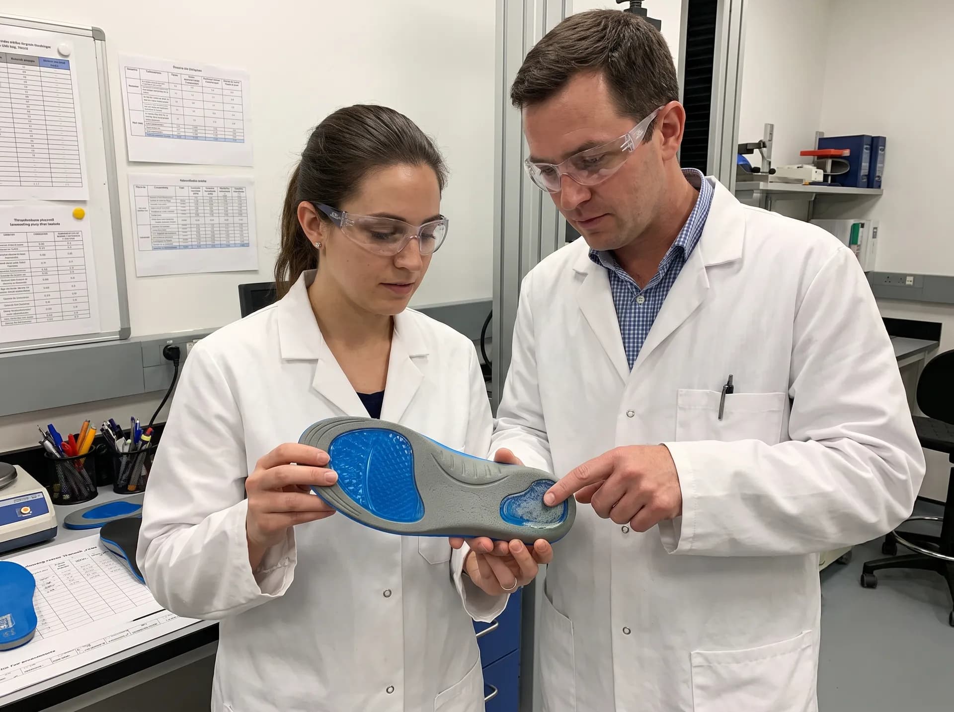 Two researchers examine a blue insole together in a lab, one pointing to a spot on its sole