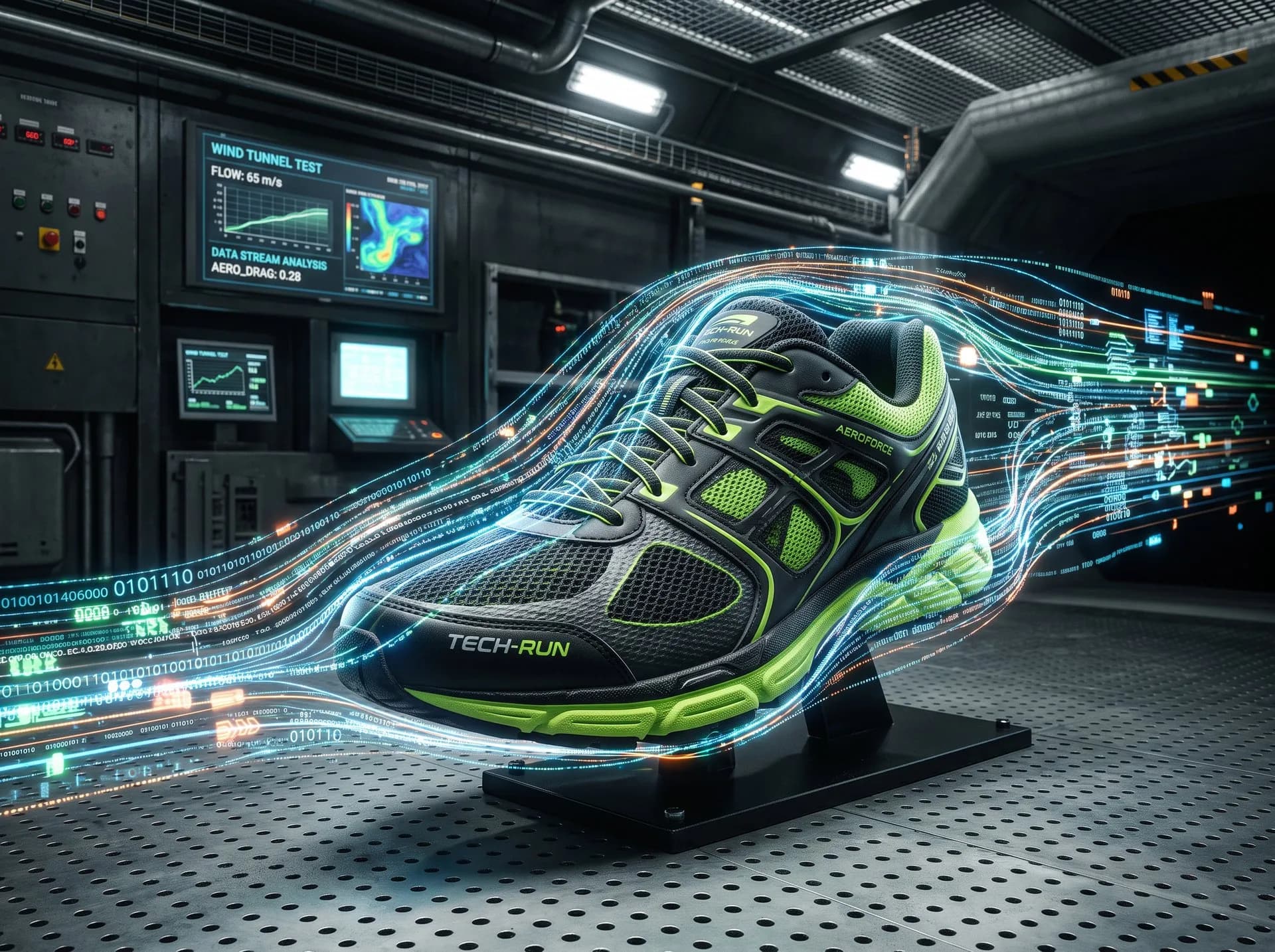 A running shoe mounted in a wind-tunnel test rig, illuminated data trails and readouts streaming around it