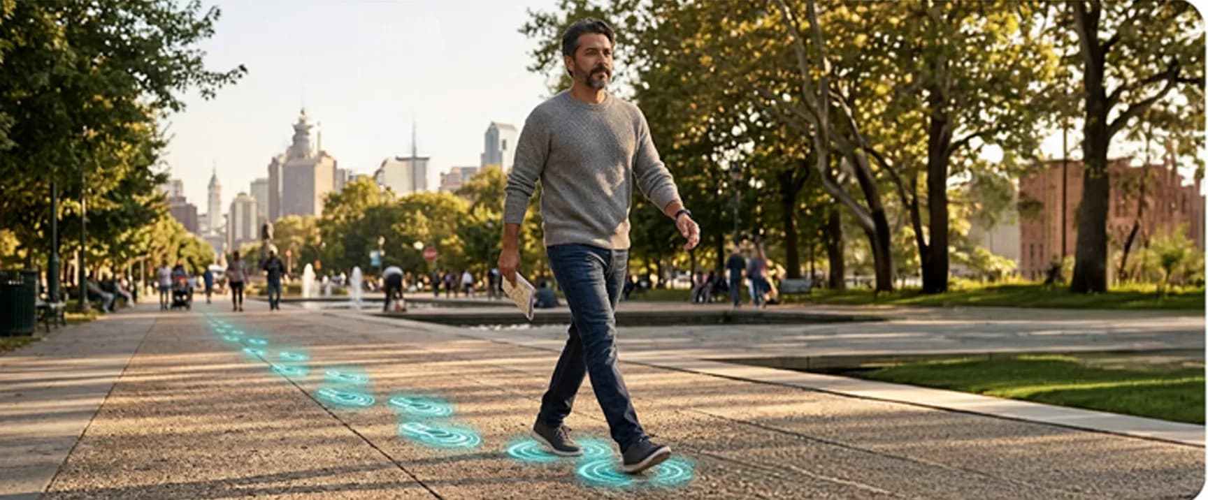 A man crossing a city plaza, a trail of teal footfall rings receding behind him
