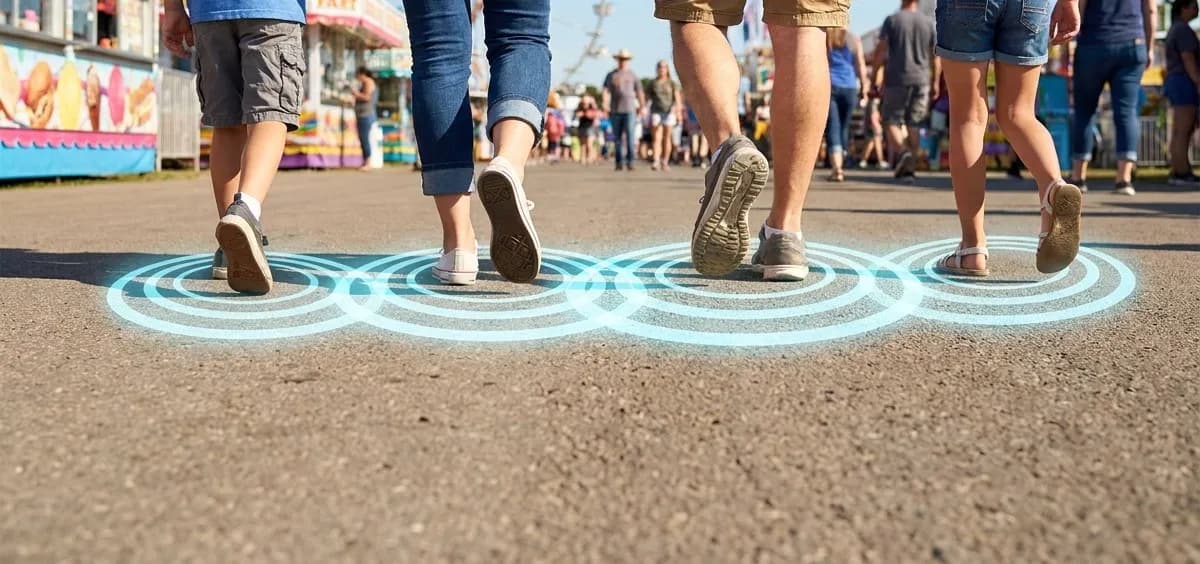 Four pairs of legs and feet walking together across pavement at a fairground, teal footfall rings spreading from each step